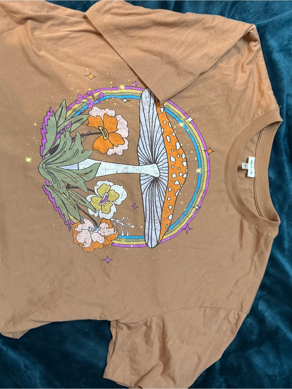 Crop Mushroom Graphic Tee - Brown with Retro Floral Print
